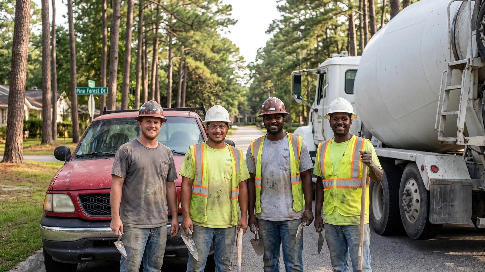 The Summerville Concrete Co. crew in front of a ready-mix truck and their pickup on a pine-lined Summerville street
