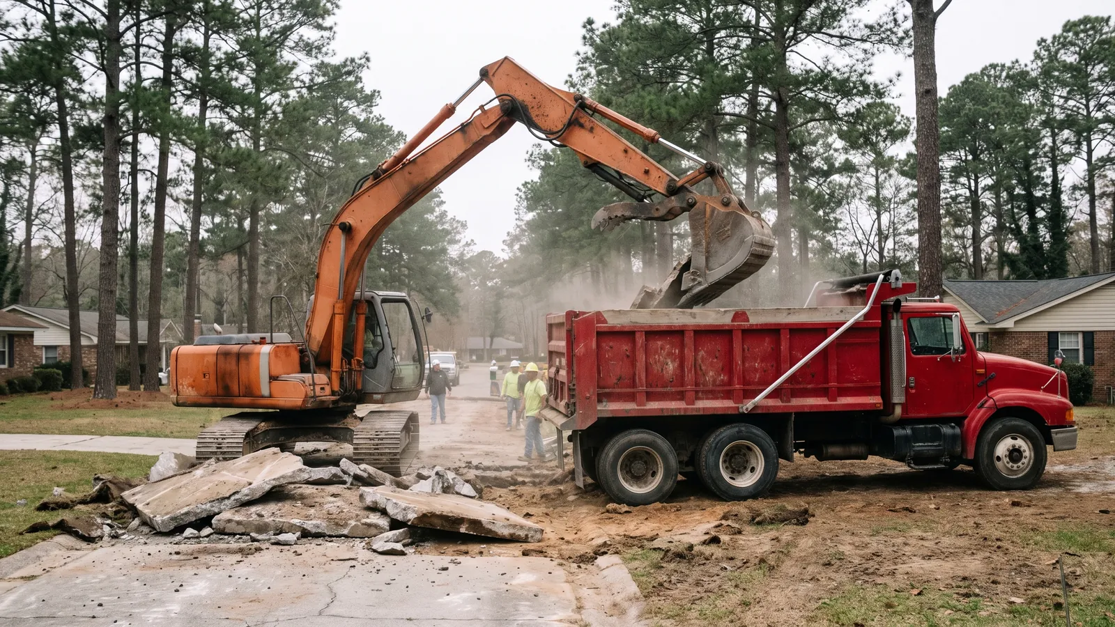 Excavator loading broken concrete slabs into a dump truck during demolition of an old driveway in a pine-shaded South Carolina neighborhood