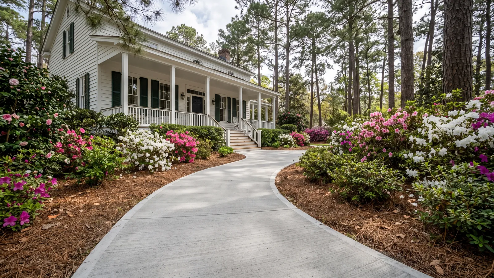 Curved broom-finished concrete front walkway leading to the porch steps of a historic white clapboard home under pines and azaleas in Summerville