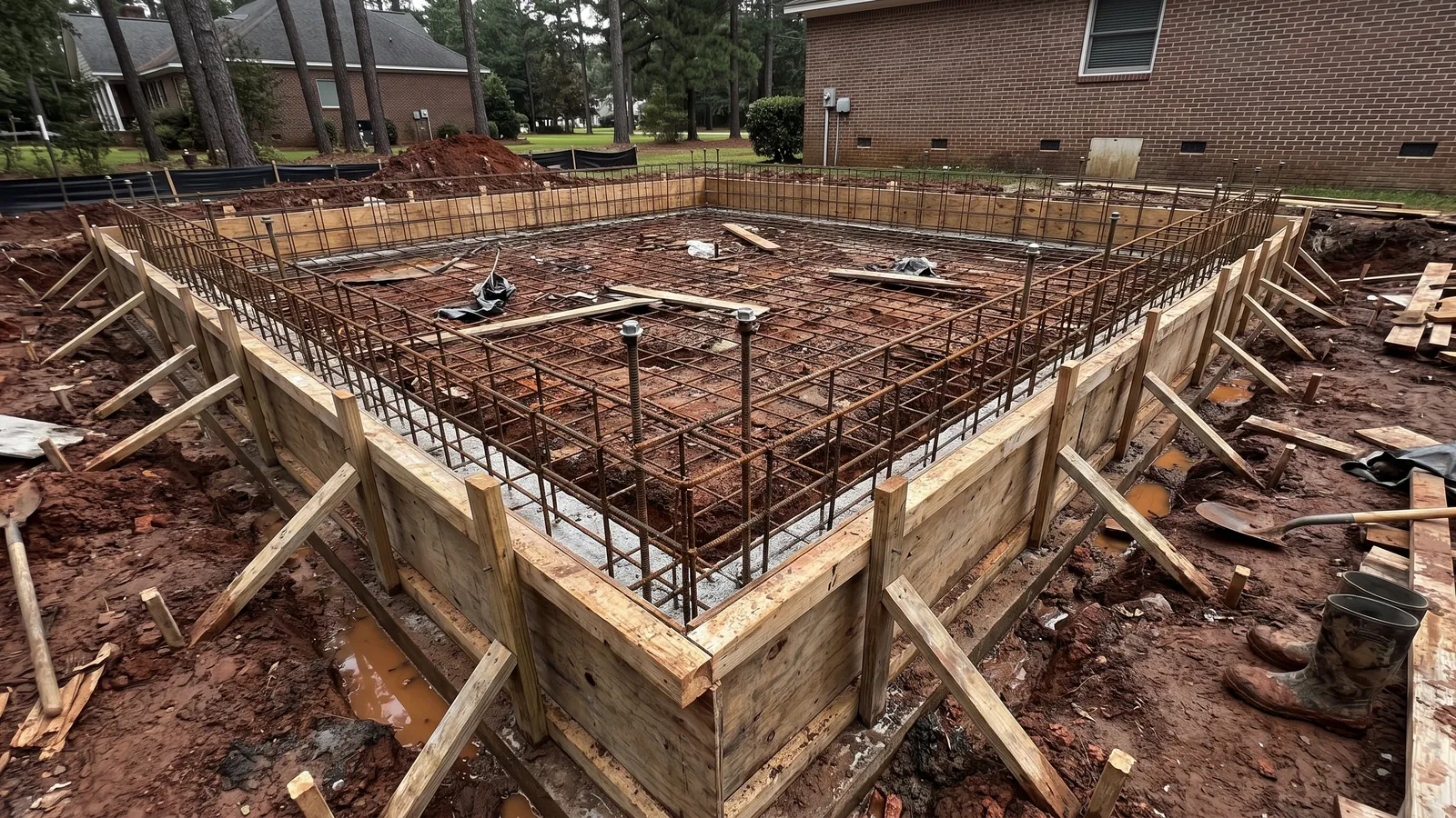 Reinforced concrete footing and stem wall forms with heavy rebar and anchor bolts in dark clay ground at a Summerville home addition site