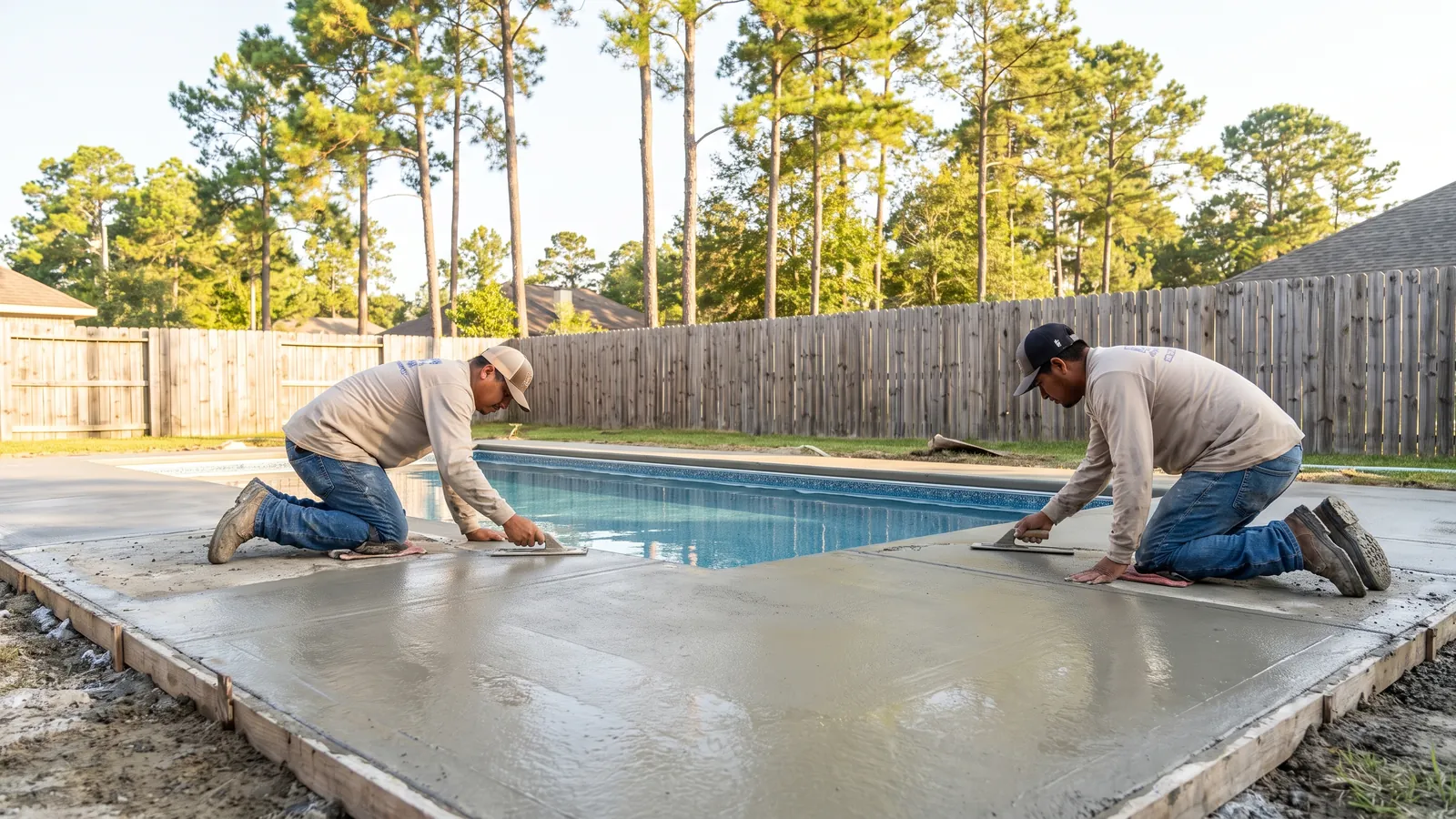 Concrete finishers troweling a fresh pool deck around a backyard in-ground pool at a Summerville home with a privacy fence and pines