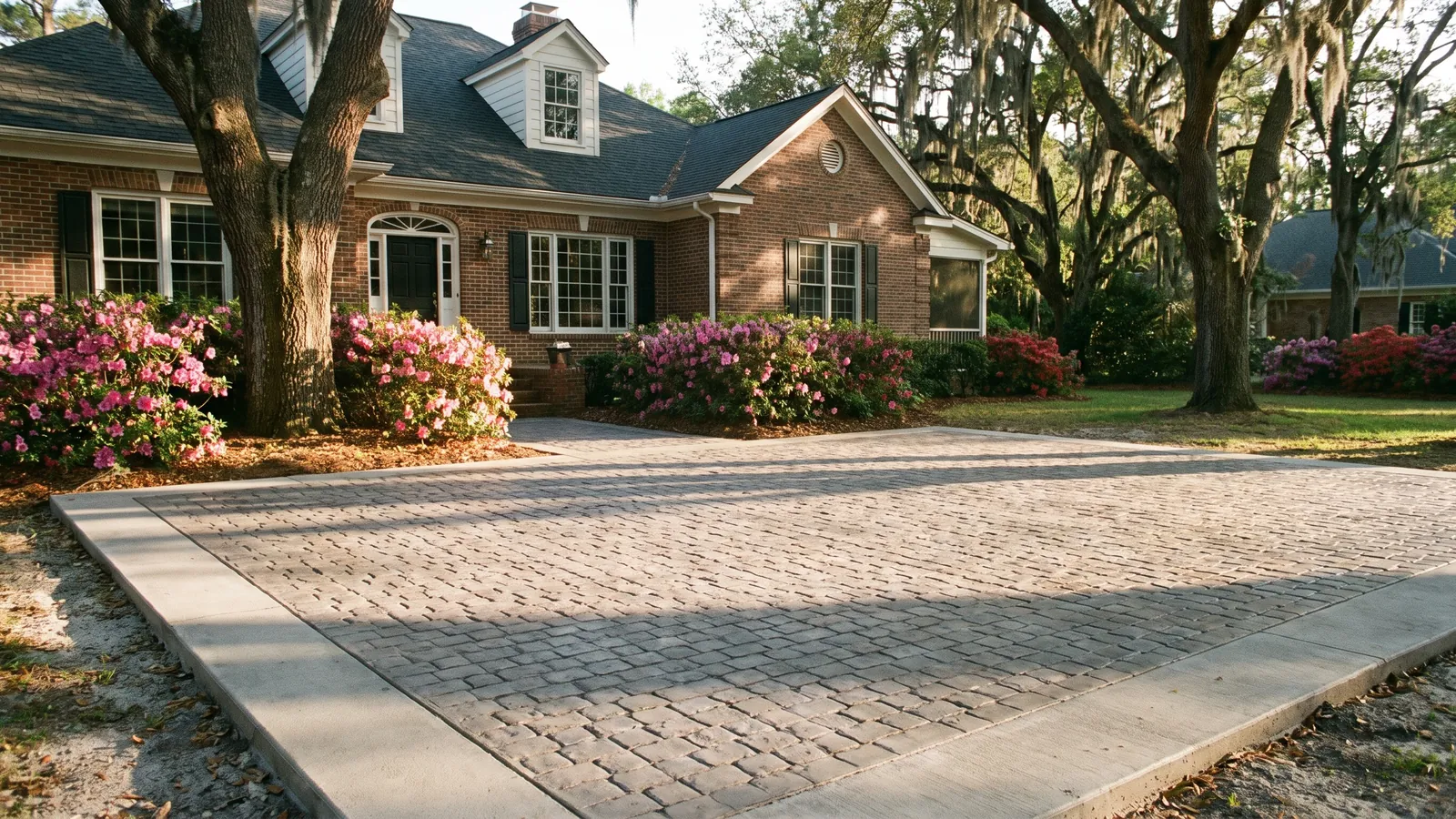 Finished stamped concrete patio in a cobblestone pattern with warm gray color and a plain border behind a brick Lowcountry home with azaleas